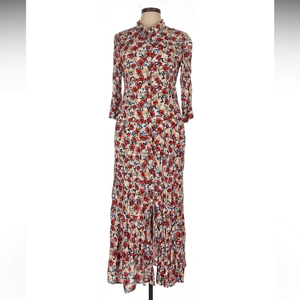 Zara White Floral Long Sleeve Wrap Dress with Red Accents - Picture 7 of 9